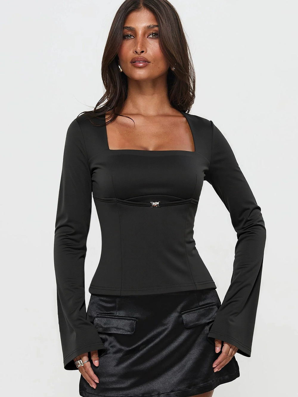 ZARA Black Square Neck Top Metal Button Pleat Flare Sleeve Slim Fit